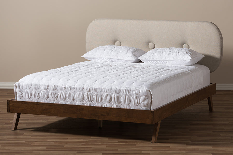 Baxton Studio Penelope Mid-Century Modern Solid Walnut Wood Light Beige Fabric Upholstered Queen Size Platform Bed