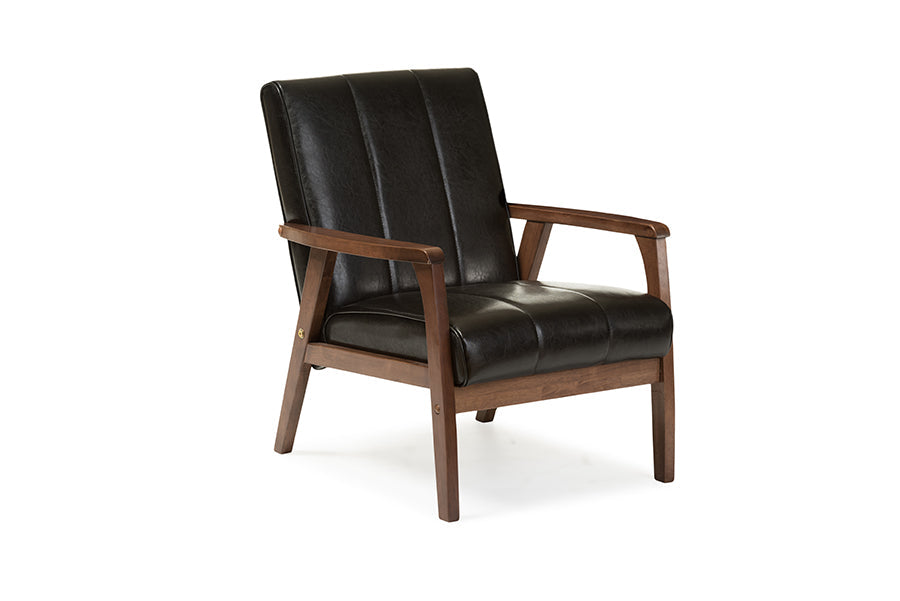 Baxton Studio Nikko Mid-century Modern Scandinavian Style Black Faux Leather Wooden Lounge Chair