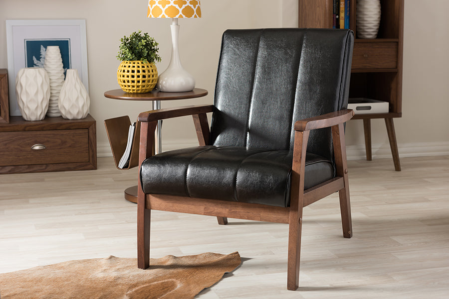 Baxton Studio Nikko Mid-century Modern Scandinavian Style Black Faux Leather Wooden Lounge Chair