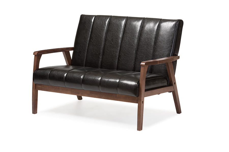 Baxton Studio Nikko Mid-century Modern Scandinavian Style Black Faux Leather Wooden 2-Seater Loveseat