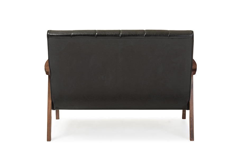 Baxton Studio Nikko Mid-century Modern Scandinavian Style Black Faux Leather Wooden 2-Seater Loveseat