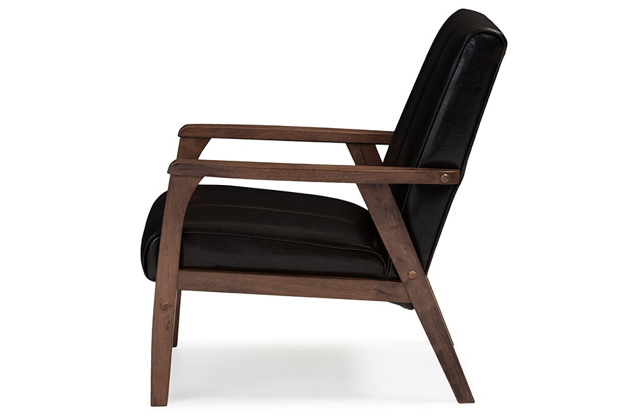 Baxton Studio Nikko Mid-century Modern Scandinavian Style Dark Brown Faux Leather Wooden Lounge Chair