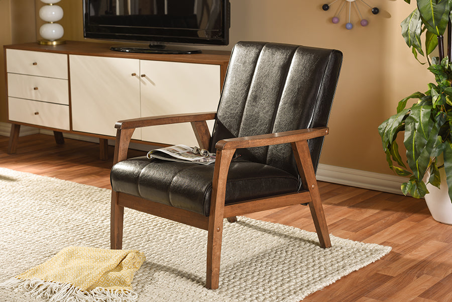 Baxton Studio Nikko Mid-century Modern Scandinavian Style Dark Brown Faux Leather Wooden Lounge Chair