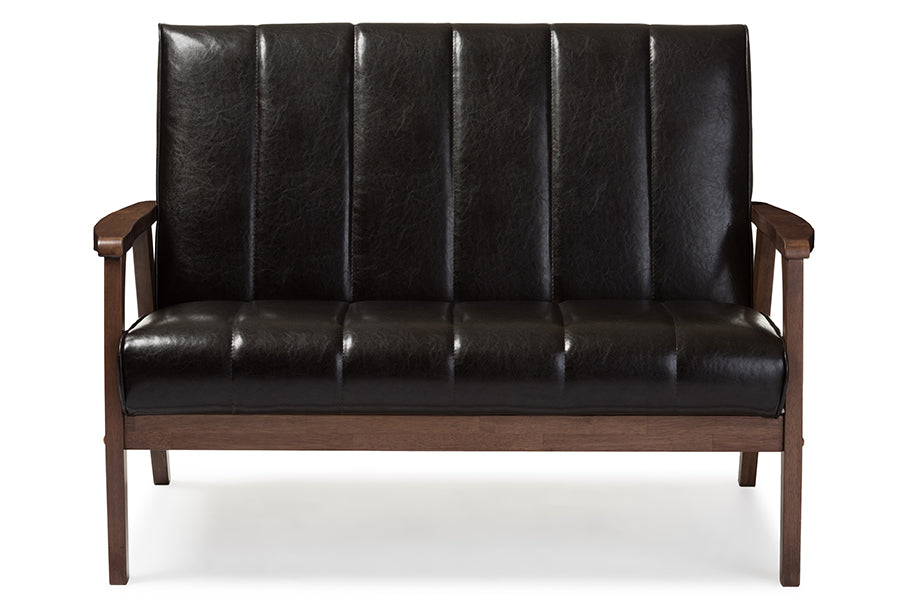 Baxton Studio Nikko Mid-century Modern Scandinavian Style Dark Brown Faux Leather Wooden 2-Seater Loveseat