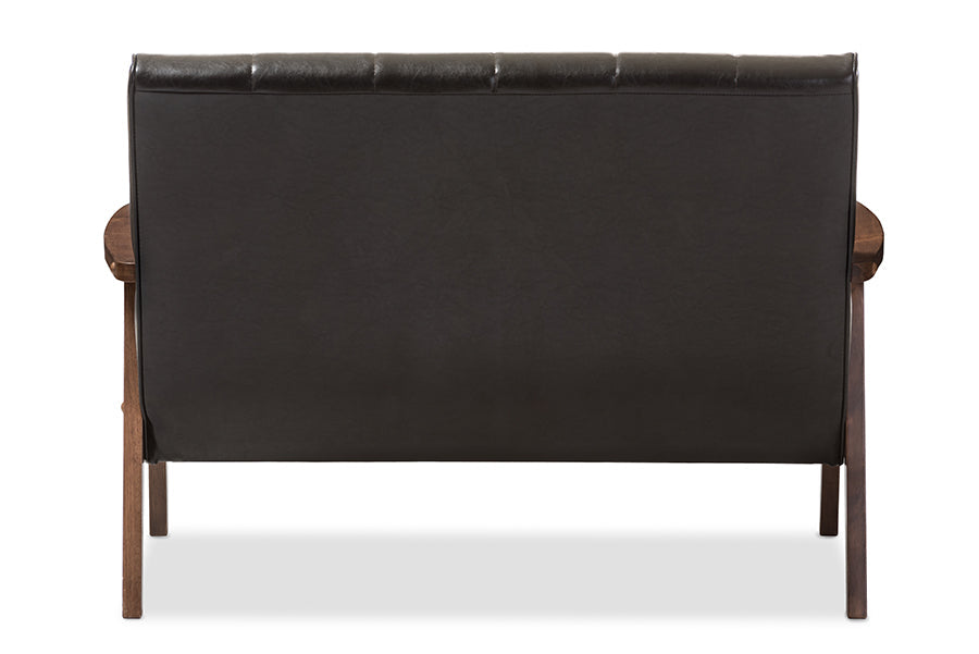 Baxton Studio Nikko Mid-century Modern Scandinavian Style Dark Brown Faux Leather Wooden 2-Seater Loveseat