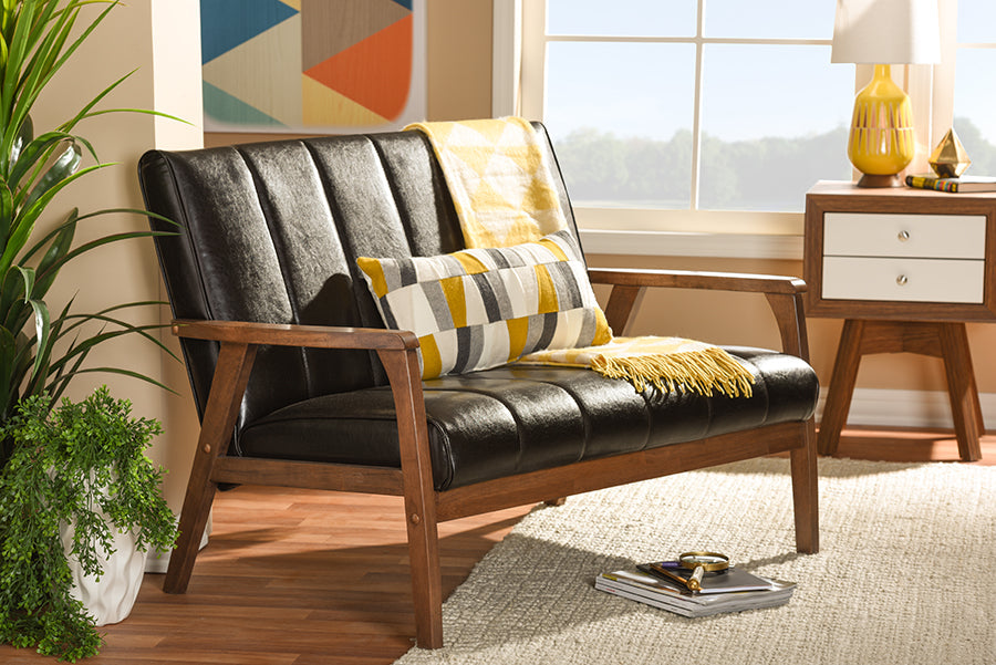 Baxton Studio Nikko Mid-century Modern Scandinavian Style Dark Brown Faux Leather Wooden 2-Seater Loveseat