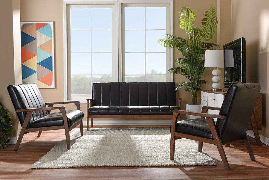 Baxton Studio Nikko Mid-century Modern Scandinavian Style Dark Brown Faux Leather 3 Pieces Living Room Sets
