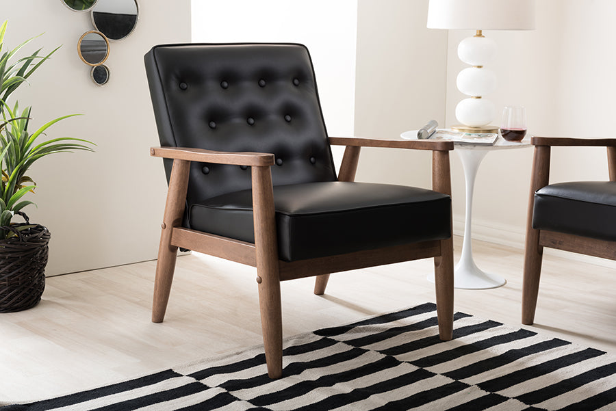 Baxton Studio Sorrento Mid-century Retro Modern Black Faux Leather Upholstered Wooden Lounge Chair
