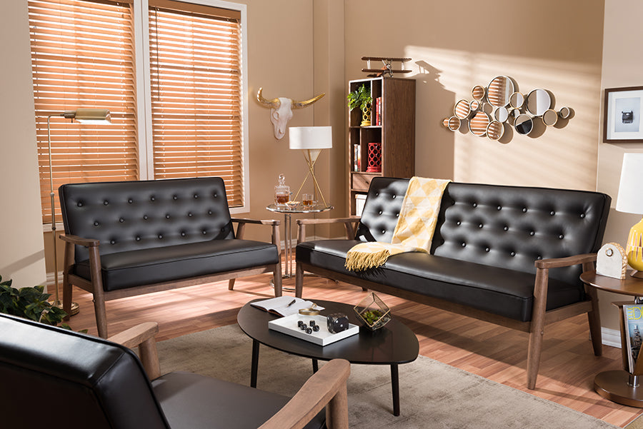 Baxton Studio Sorrento Mid-century Retro Modern Brown Faux Leather Upholstered Wooden 3 Piece Living room Set
