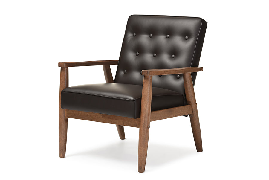 Baxton Studio Sorrento Mid-century Retro Modern Brown Faux Leather Upholstered Wooden Lounge Chair