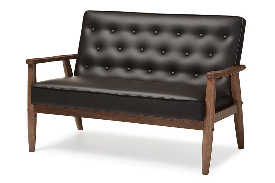 Baxton Studio Sorrento Mid-century Retro Modern Brown Faux Leather Upholstered Wooden 2-seater Loveseat