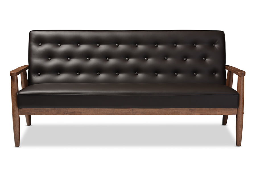 Baxton Studio Sorrento Mid-century Retro Modern Brown Faux Leather Upholstered Wooden 3-seater Sofa