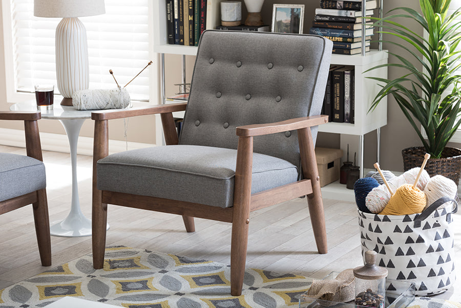 Baxton Studio Sorrento Mid-century Retro Modern Grey Fabric Upholstered Wooden Lounge Chair