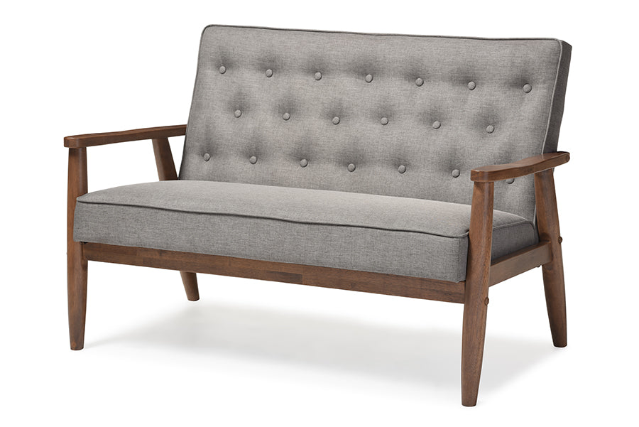 Baxton Studio Sorrento Mid-century Retro Modern Grey Fabric Upholstered Wooden 2-seater Loveseat