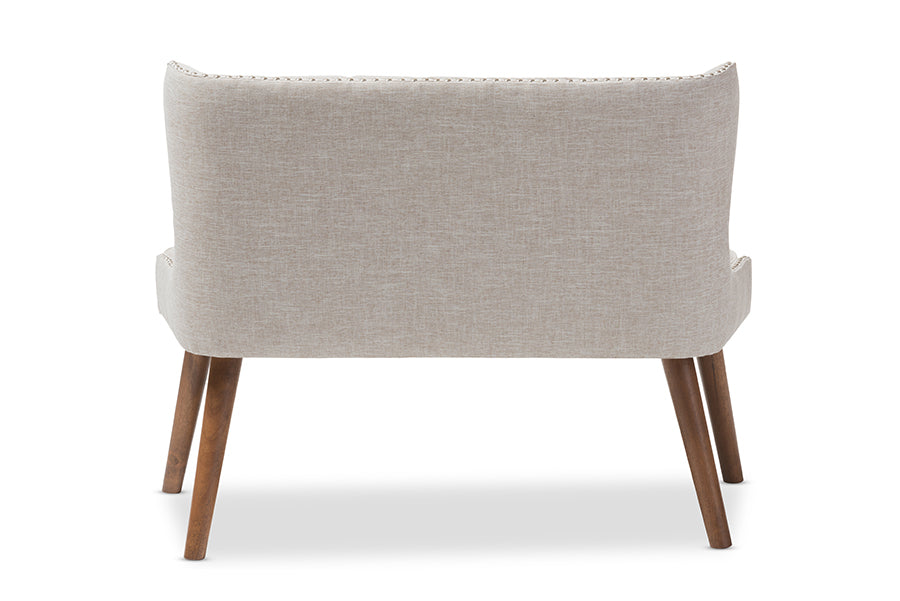 Baxton Studio Scarlett Mid-Century Modern Brown Wood and Light Beige Fabric Upholstered Button-Tufting with Nail Heads Trim 2-Seater Loveseat Settee