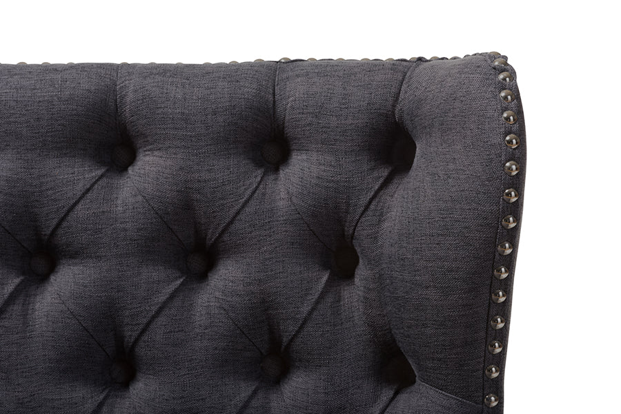 Baxton Studio Scarlett Mid-Century Modern Brown Wood and Dark Grey Fabric Upholstered Button-Tufting with Nail Heads Trim 2-Seater Loveseat Settee