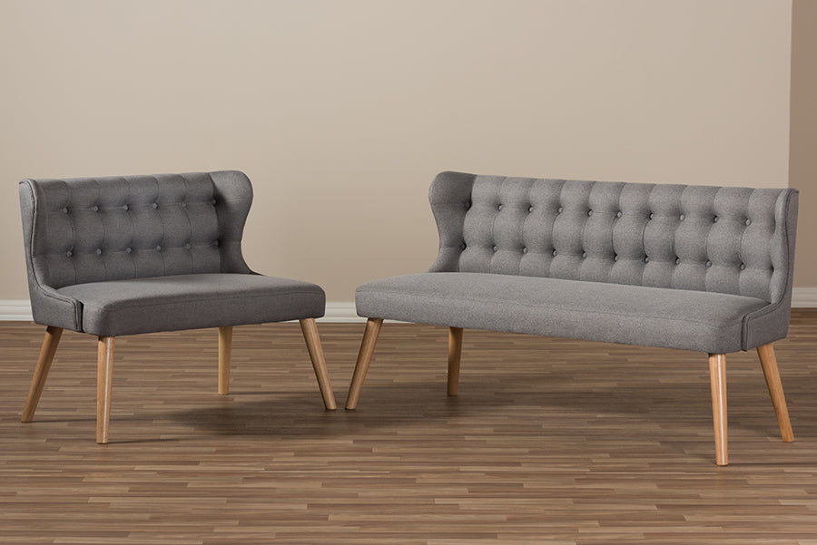 Baxton Studio Melody Mid-Century Modern Natural Wood Finishing Grey Fabric 2-Piece Settee Set