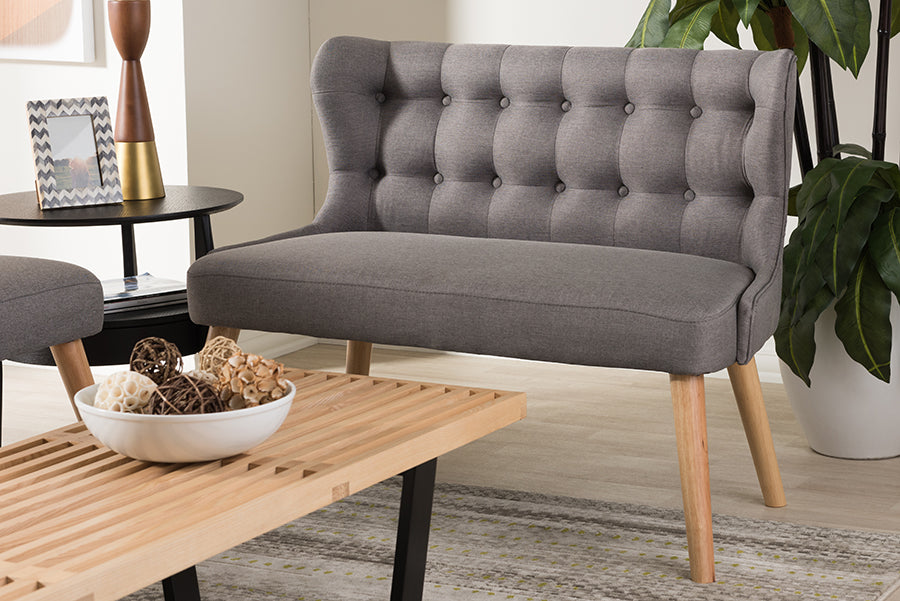 Baxton Studio Melody Mid-Century Modern Grey Fabric and Natural Wood Finishing 2-Seater Settee Bench