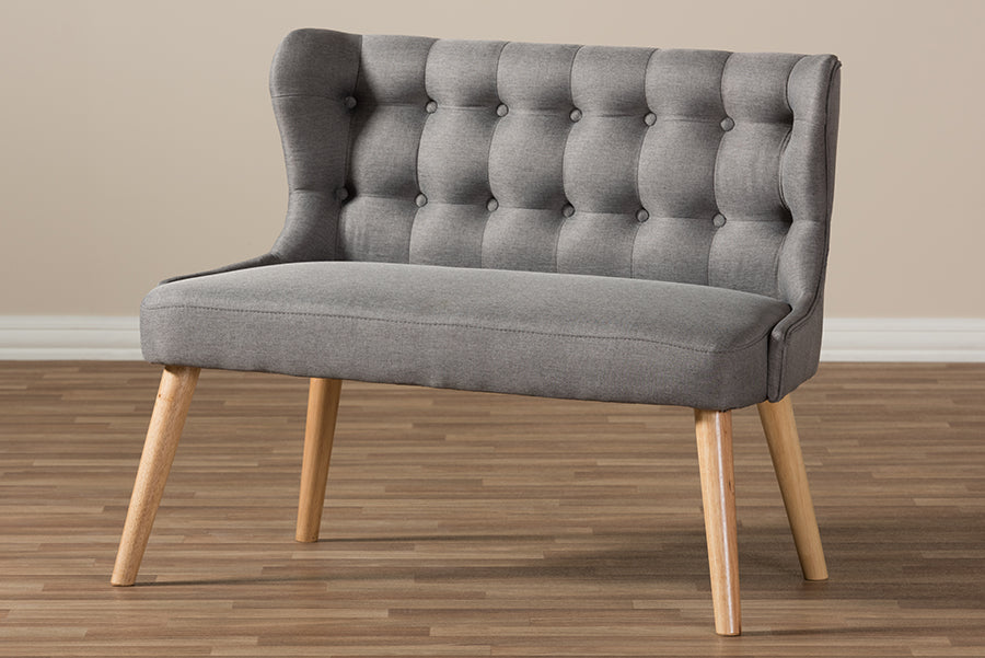 Baxton Studio Melody Mid-Century Modern Grey Fabric and Natural Wood Finishing 2-Seater Settee Bench