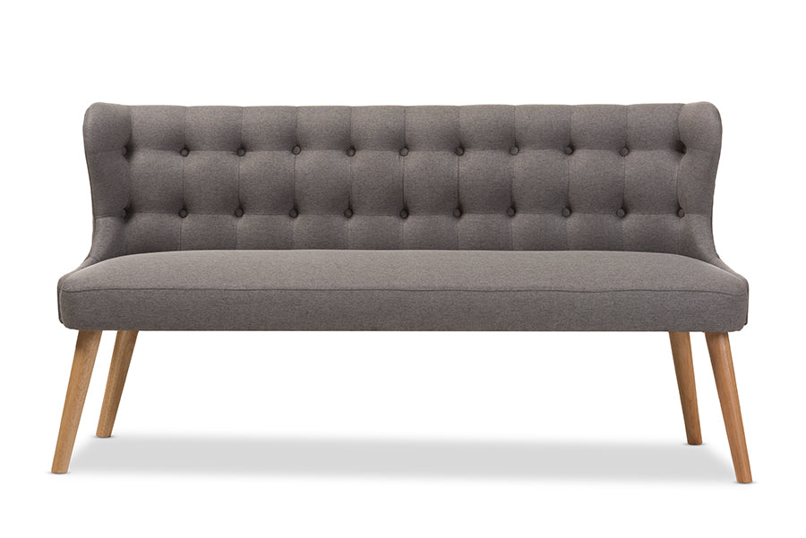 Baxton Studio Melody Mid-Century Modern Grey Fabric and Natural Wood Finishing 3-Seater Settee Bench