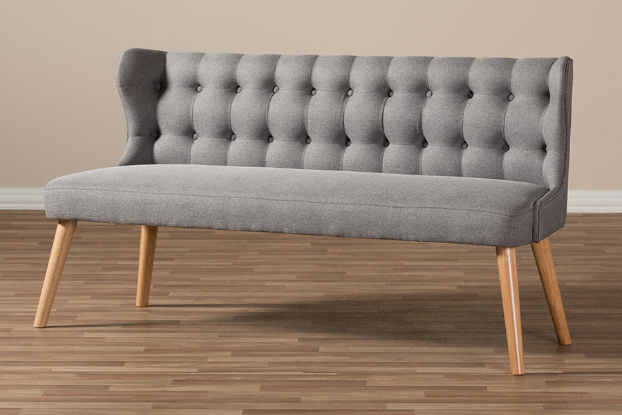 Baxton Studio Melody Mid-Century Modern Grey Fabric and Natural Wood Finishing 3-Seater Settee Bench