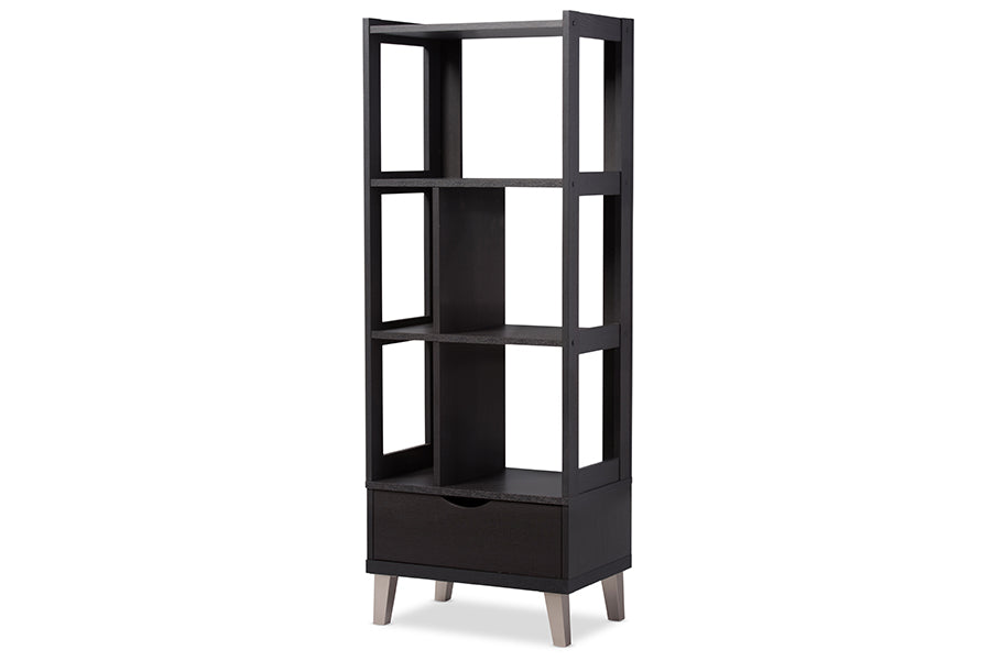 Baxton Studio Kalien Modern and Contemporary Dark Brown Wood Leaning Bookcase with Display Shelves and One Drawer