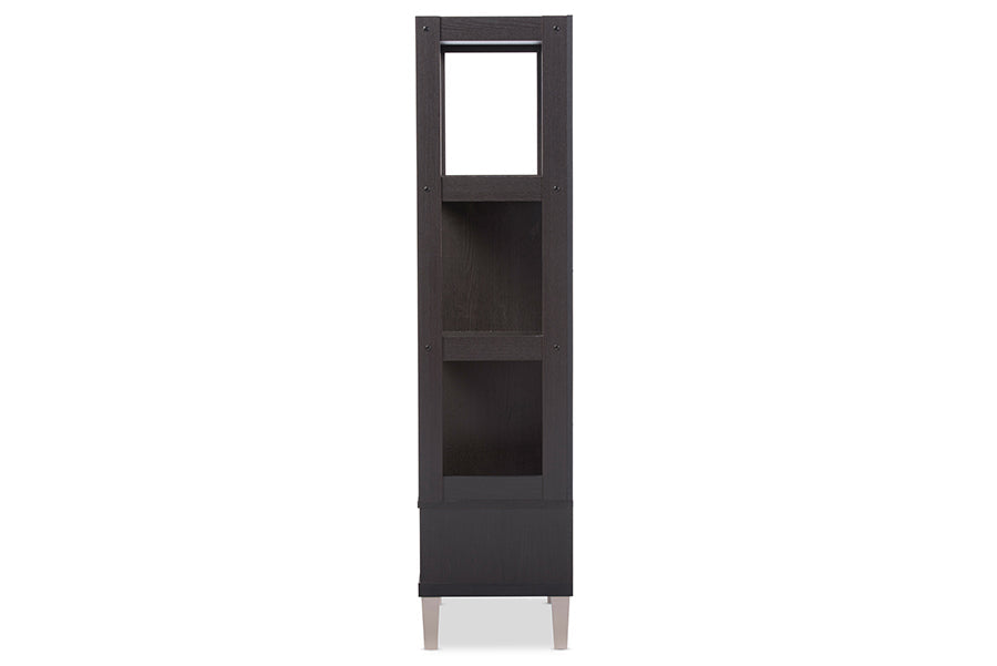 Baxton Studio Kalien Modern and Contemporary Dark Brown Wood Leaning Bookcase with Display Shelves and One Drawer