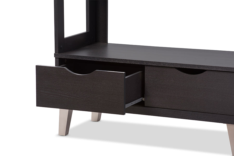 Baxton Studio Kalien Modern and Contemporary Dark Brown Wood Leaning Bookcase with Display Shelves and Two Drawers