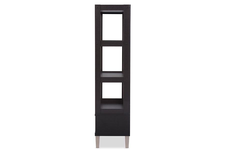 Baxton Studio Kalien Modern and Contemporary Dark Brown Wood Leaning Bookcase with Display Shelves and Two Drawers