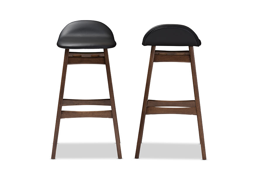 Baxton Studio Bloom Mid-century Retro Modern Scandinavian Style Black Faux Leather Upholstered Walnut Wood Finishing 30-Inches Bar Stool (Set of 2)
