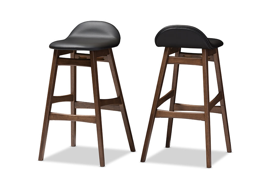Baxton Studio Bloom Mid-century Retro Modern Scandinavian Style Black Faux Leather Upholstered Walnut Wood Finishing 30-Inches Bar Stool (Set of 2)