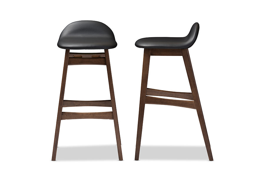 Baxton Studio Bloom Mid-century Retro Modern Scandinavian Style Black Faux Leather Upholstered Walnut Wood Finishing 30-Inches Bar Stool (Set of 2)