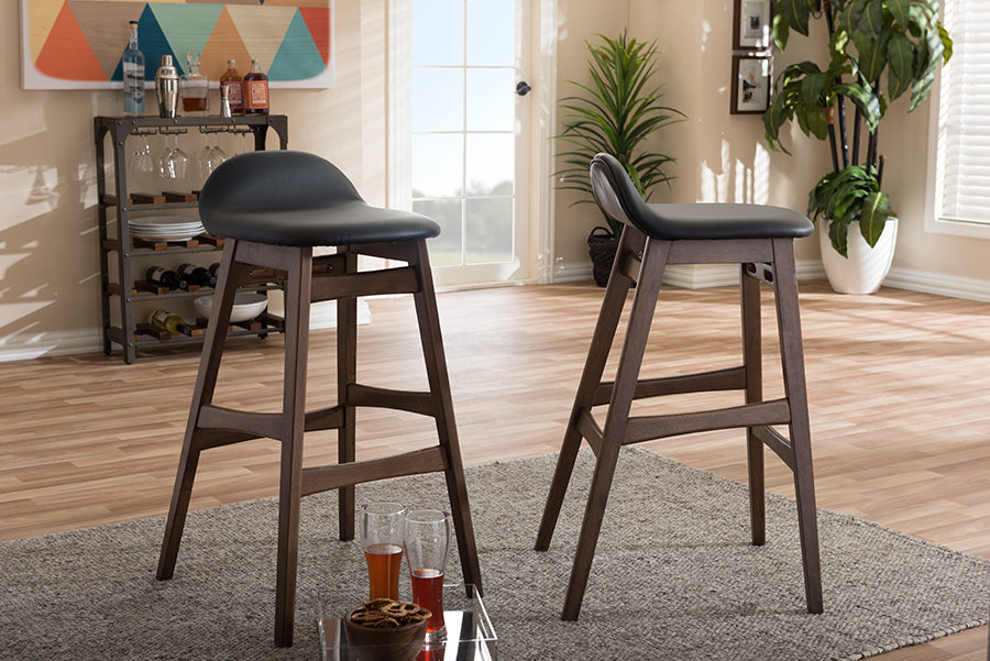 Baxton Studio Bloom Mid-century Retro Modern Scandinavian Style Black Faux Leather Upholstered Walnut Wood Finishing 30-Inches Bar Stool (Set of 2)