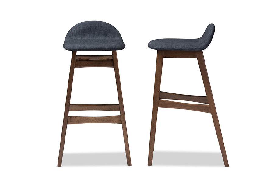 Baxton Studio Bloom Mid-century Retro Modern Scandinavian Style Dark Blue Fabric Upholstered Walnut Wood Finishing 30-Inches Bar Stool (Set of 2)