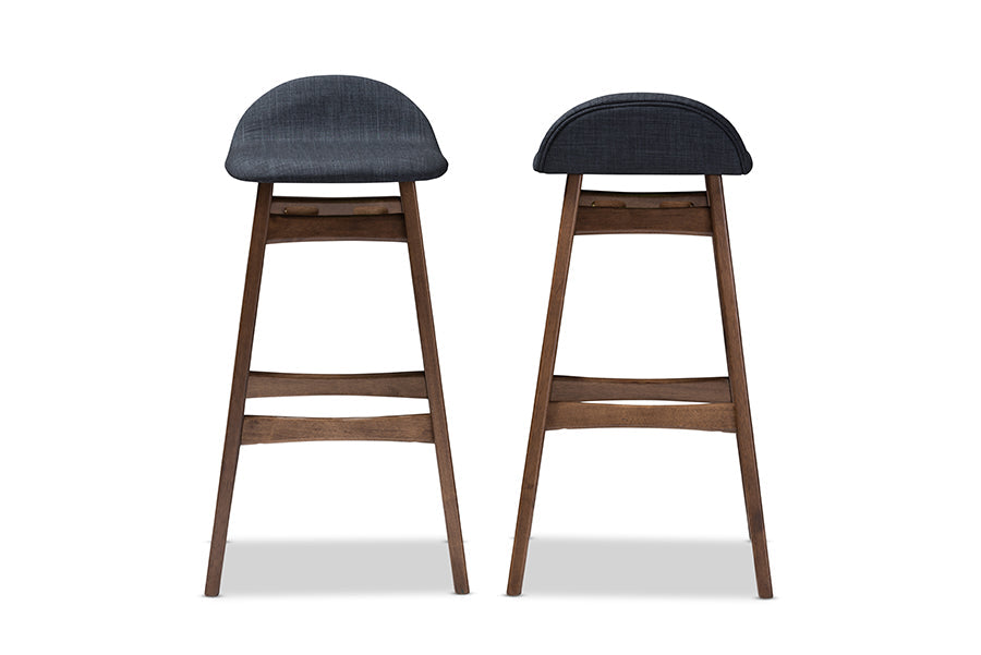 Baxton Studio Bloom Mid-century Retro Modern Scandinavian Style Dark Blue Fabric Upholstered Walnut Wood Finishing 30-Inches Bar Stool (Set of 2)