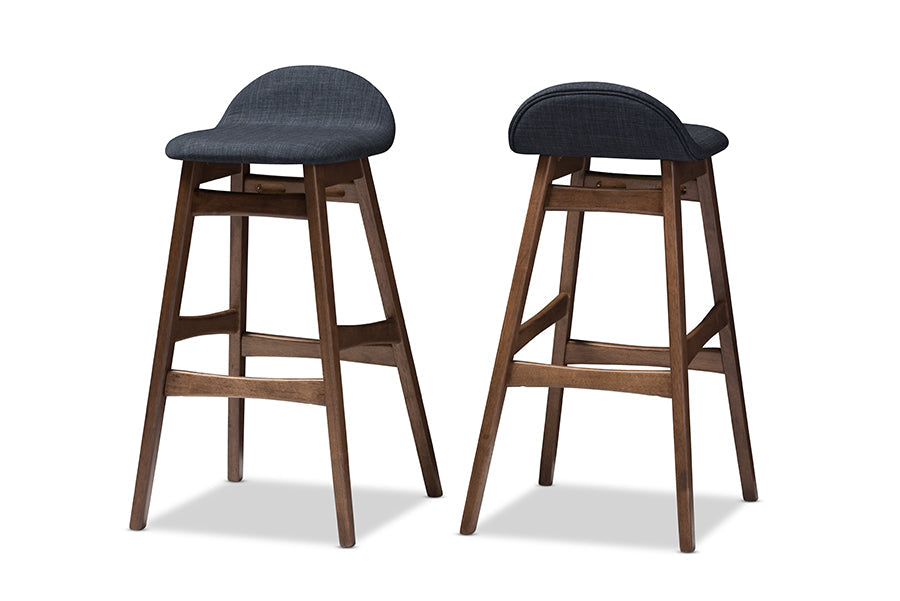 Baxton Studio Bloom Mid-century Retro Modern Scandinavian Style Dark Blue Fabric Upholstered Walnut Wood Finishing 30-Inches Bar Stool (Set of 2)
