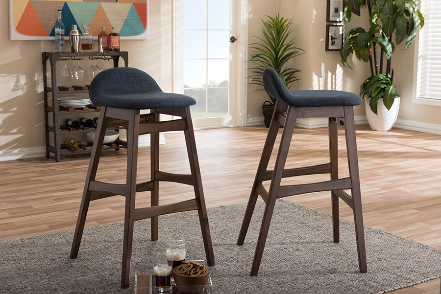 Baxton Studio Bloom Mid-century Retro Modern Scandinavian Style Dark Blue Fabric Upholstered Walnut Wood Finishing 30-Inches Bar Stool (Set of 2)
