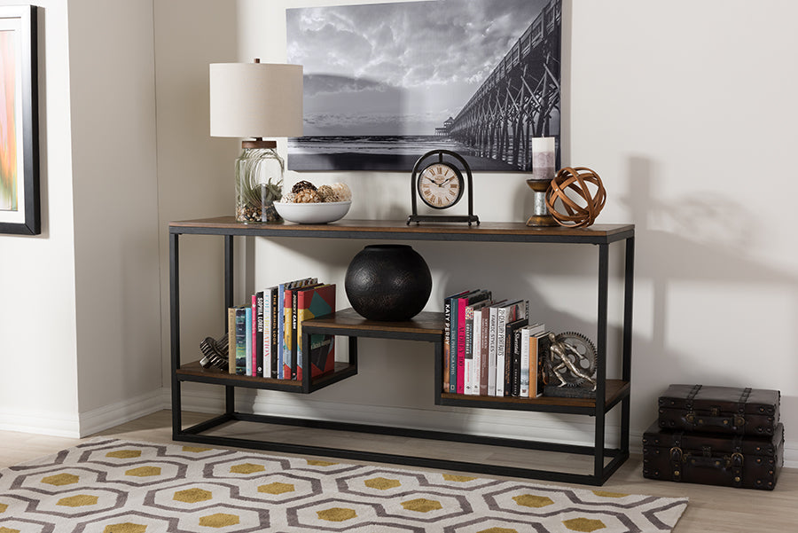 Baxton Studio Doreen Rustic Industrial Style Antique Black Textured Finished Metal Distressed Wood Console Table