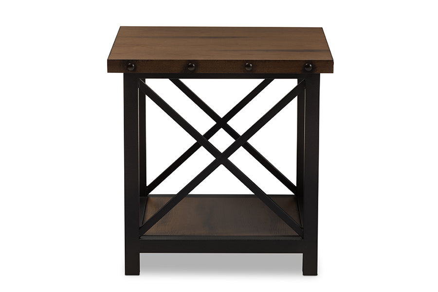Baxton Studio Herzen Rustic Industrial Style Antique Black Textured Finished Metal Distressed Wood Occasional End Table