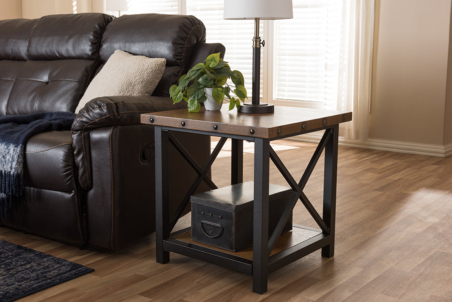 Baxton Studio Herzen Rustic Industrial Style Antique Black Textured Finished Metal Distressed Wood Occasional End Table