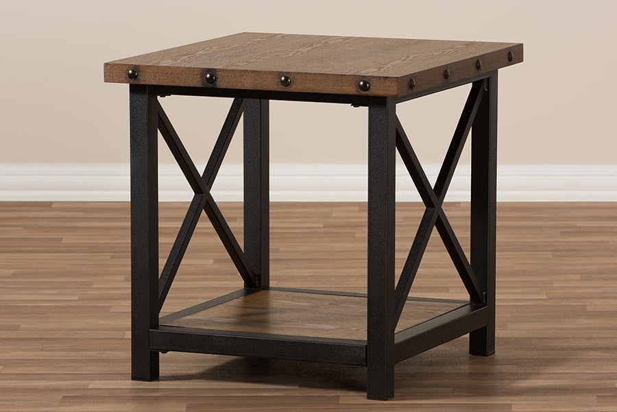 Baxton Studio Herzen Rustic Industrial Style Antique Black Textured Finished Metal Distressed Wood Occasional End Table