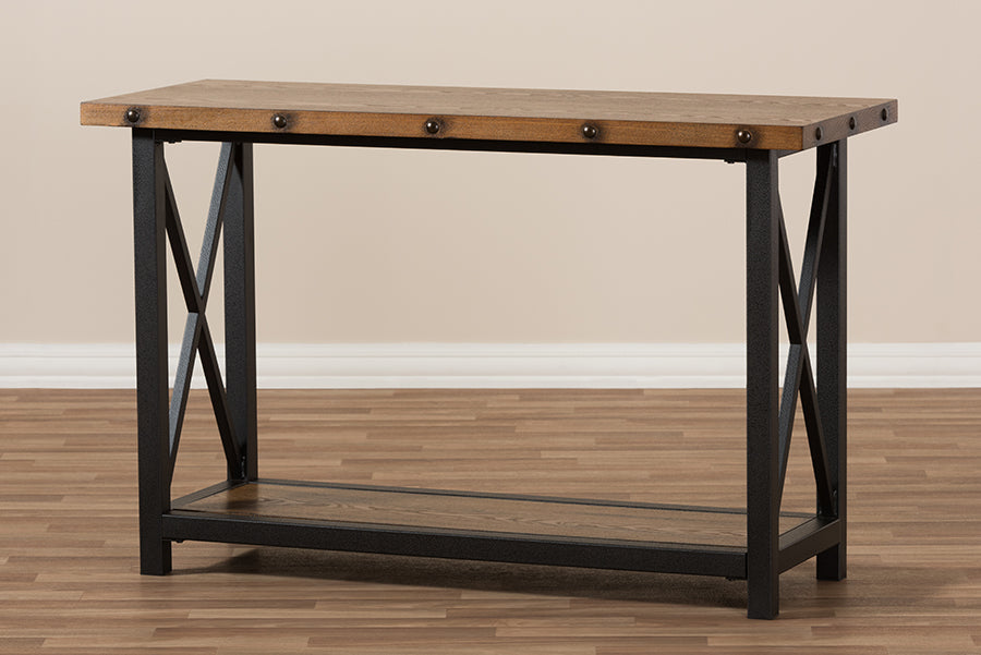 Baxton Studio Herzen Rustic Industrial Style Antique Black Textured Finished Metal Distressed Wood Occasional Console Table