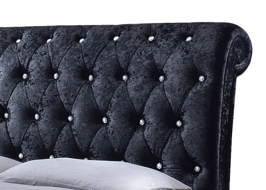 Baxton Studio Castello Black Velvet Upholstered Faux Crystal-Buttoned Sleigh Queen Platform Bed