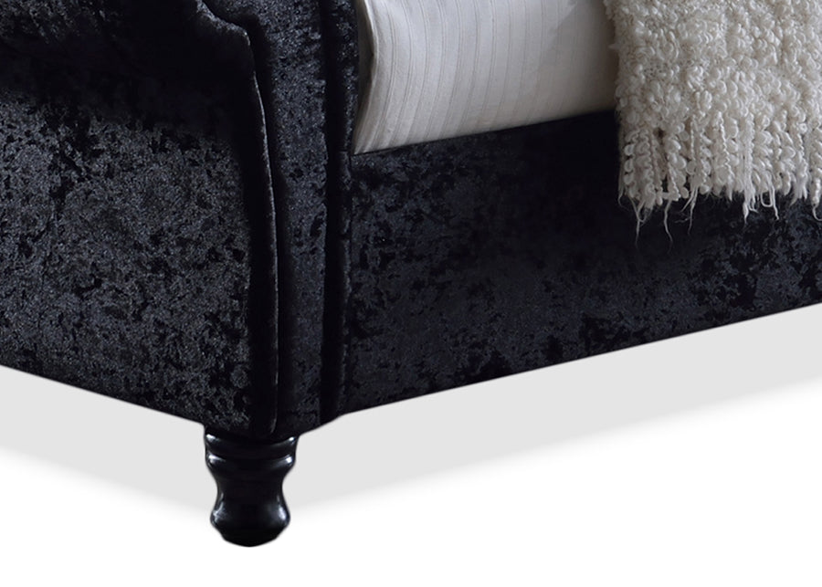 Baxton Studio Castello Black Velvet Upholstered Faux Crystal-Buttoned Sleigh Queen Platform Bed
