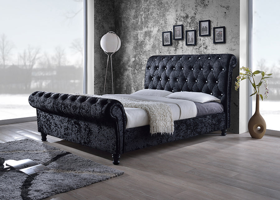 Baxton Studio Castello Black Velvet Upholstered Faux Crystal-Buttoned Sleigh Queen Platform Bed