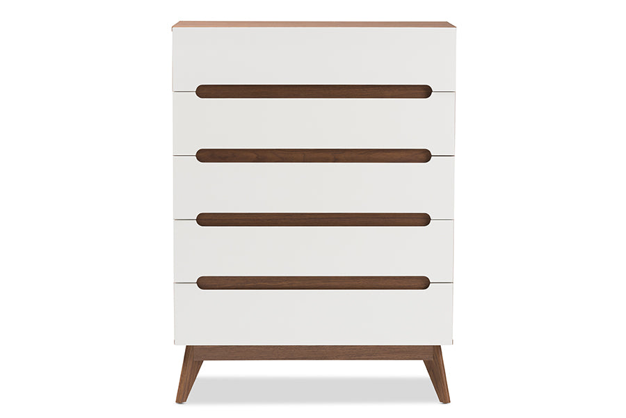 Baxton Studio Calypso Mid-Century Modern White and Walnut Wood 5-Drawer Storage Chest