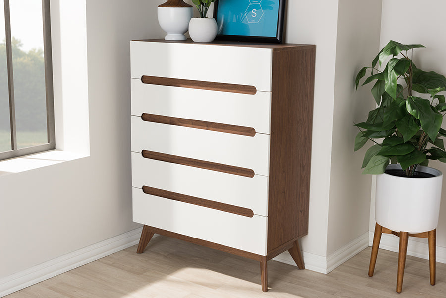 Baxton Studio Calypso Mid-Century Modern White and Walnut Wood 5-Drawer Storage Chest