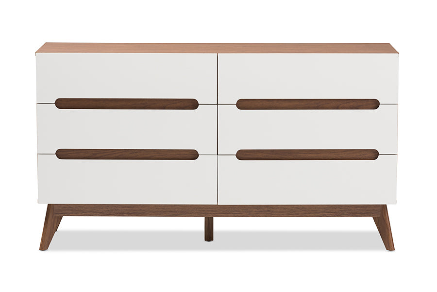 Baxton Studio Calypso Mid-Century Modern White and Walnut Wood 6-Drawer Storage Dresser