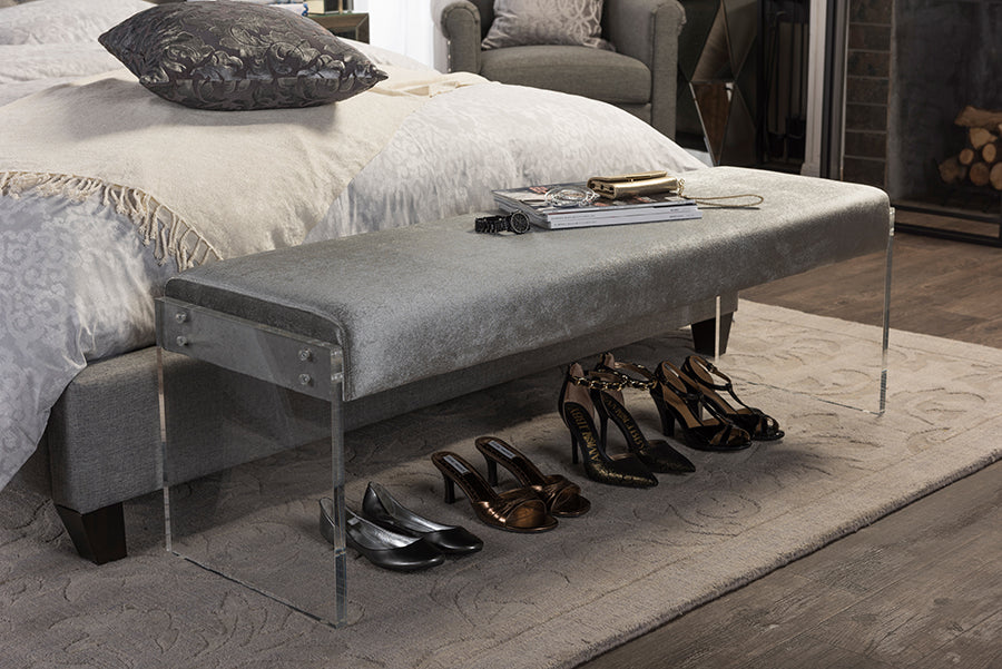 Baxton Studio Hildon Modern and Contemporary Grey Microsuede Fabric Upholstered Lux Bench with Paneled Acrylic Legs