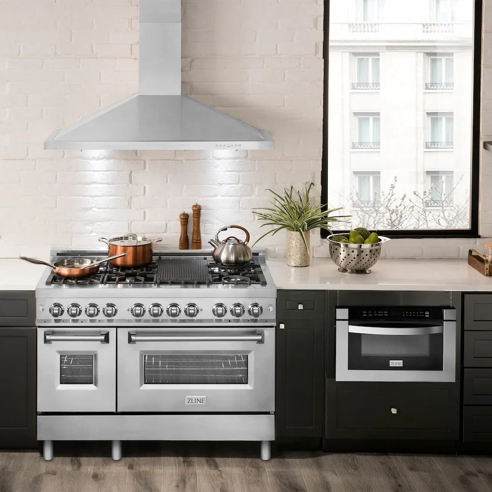 ZLINE 48" Bundled Stainless Dual Range, Range Hood, Microwave, 3KP-RARH48-MW